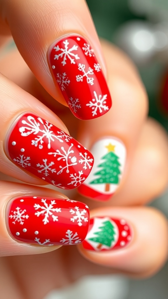 Festive red Christmas nails with snowflakes and trees, showcasing holiday spirit.